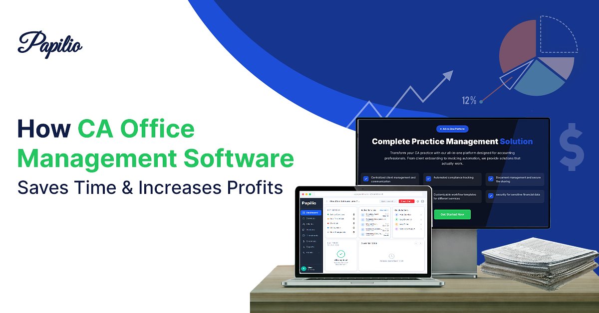 Papilio CA office management software on a laptop and monitor, showing dashboards for practice management, billing, compliance, and client work for chartered accountants in India.