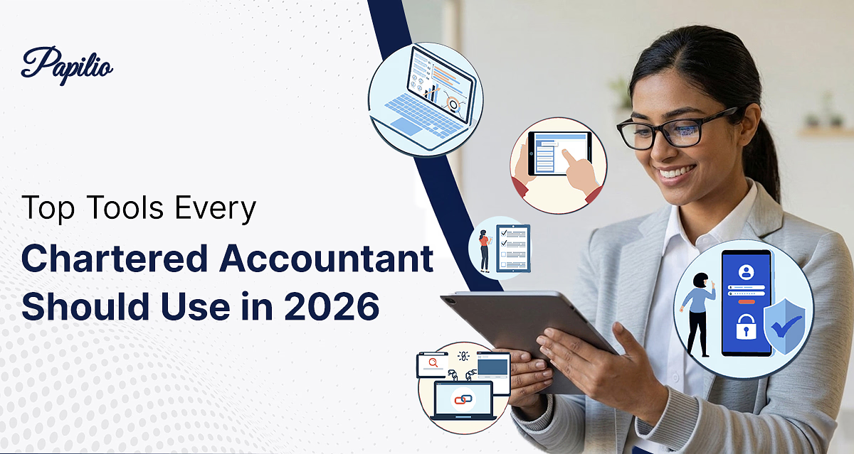 Top Tools Every Chartered Accountant Should Use in 2026 — Papilio blog banner showing a CA professional reviewing digital tools on a tablet.